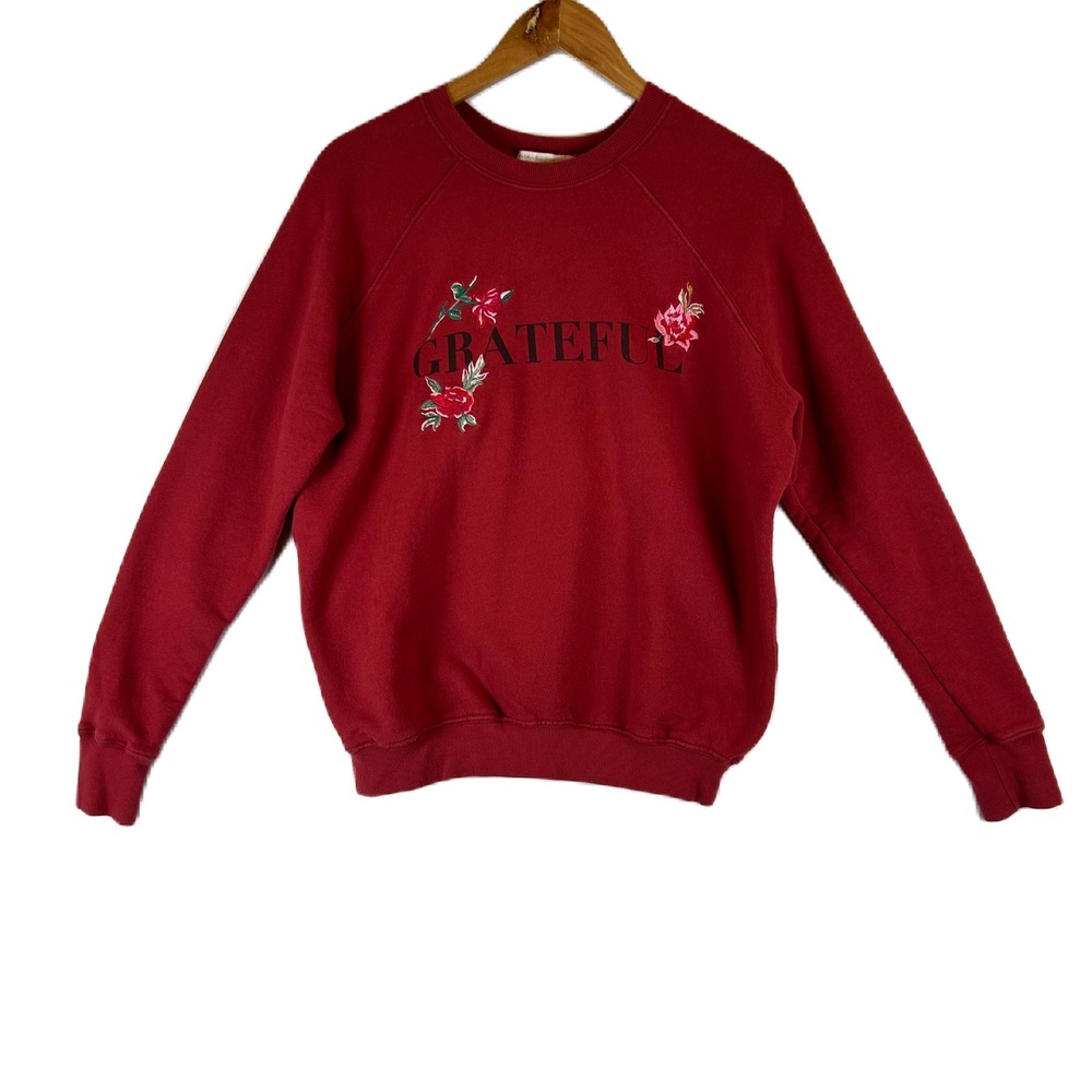 Spiritual Gangster Grateful Floral Embroidered Sweatshirt Red Raglan Small